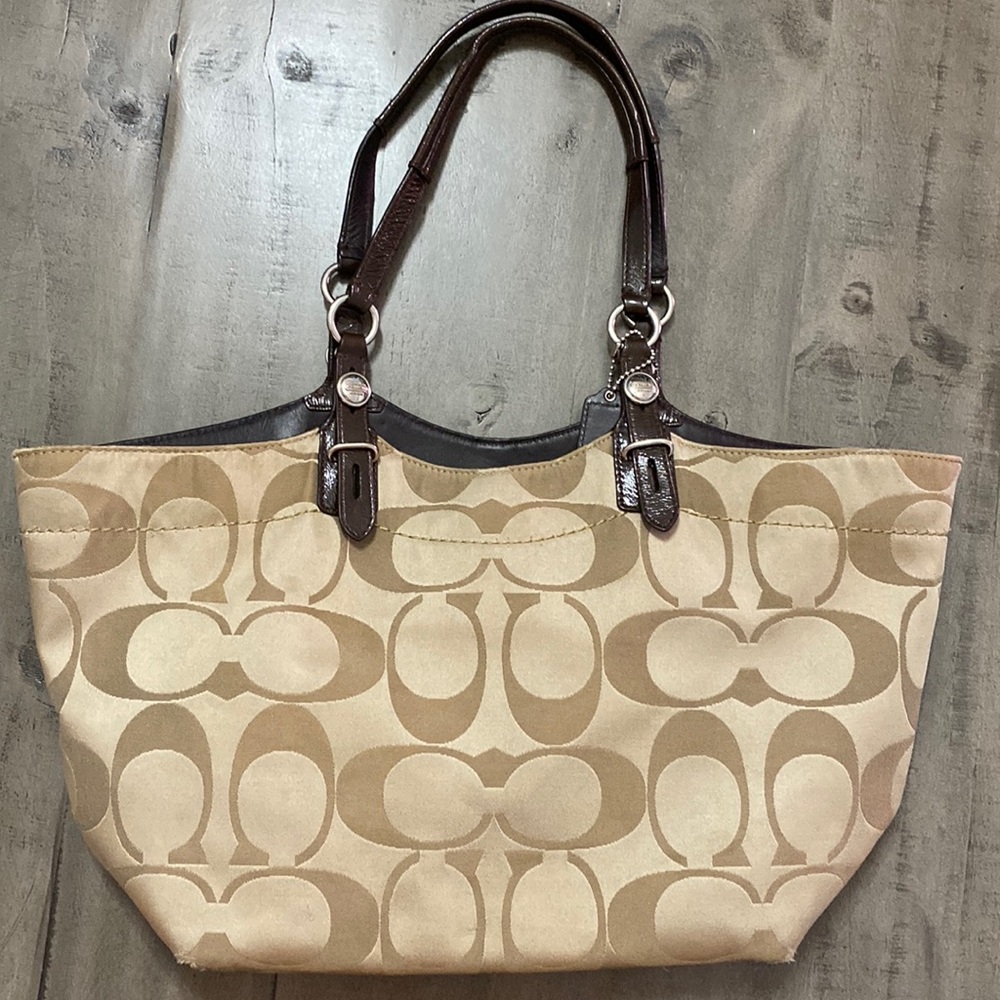 Coach K1194-f16175 Khaki Mohogany Leather Signature Sateen Fabric with Trim Tote
